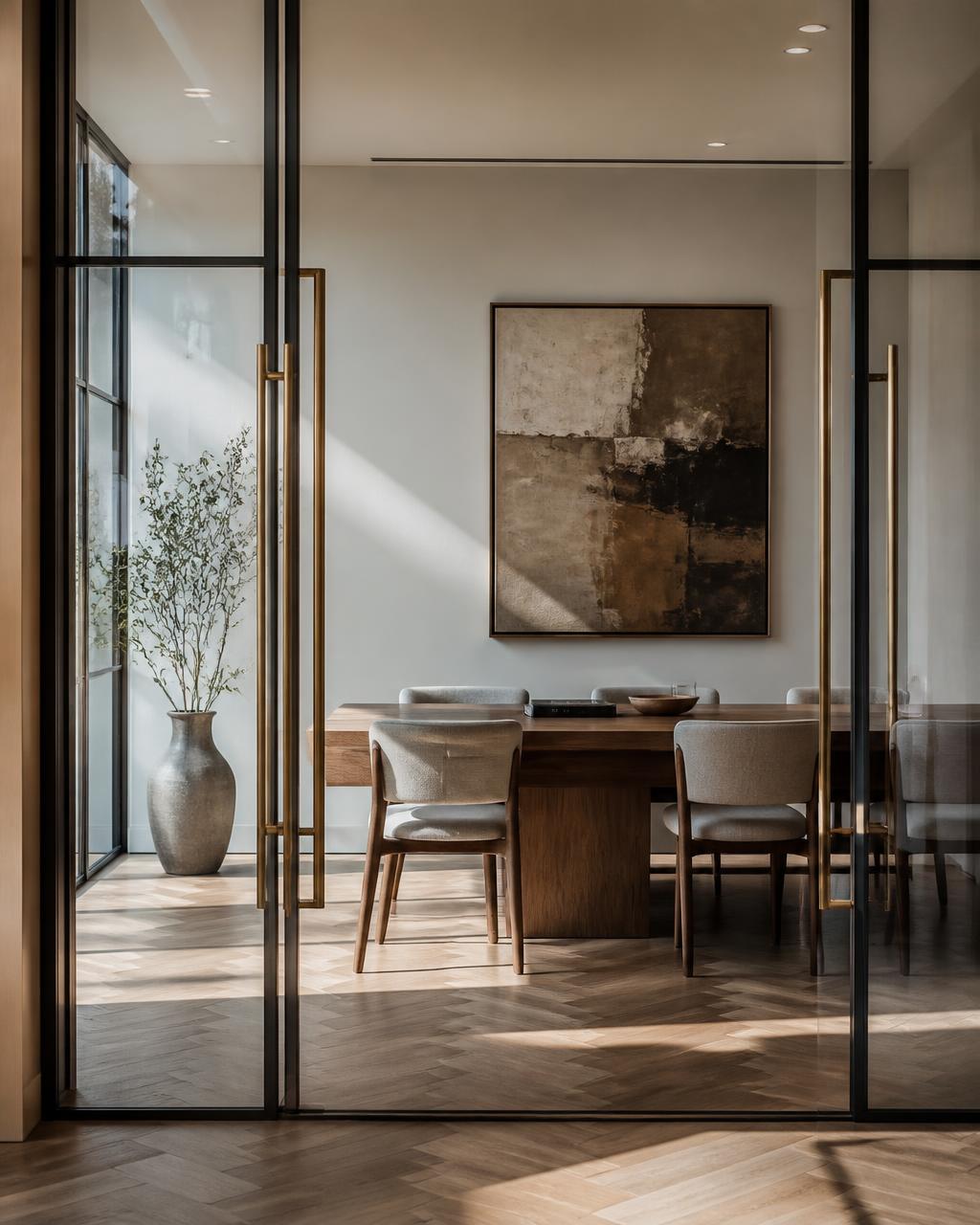 A calm, light-filled meeting room with glass doors, warm wood and neutral tones